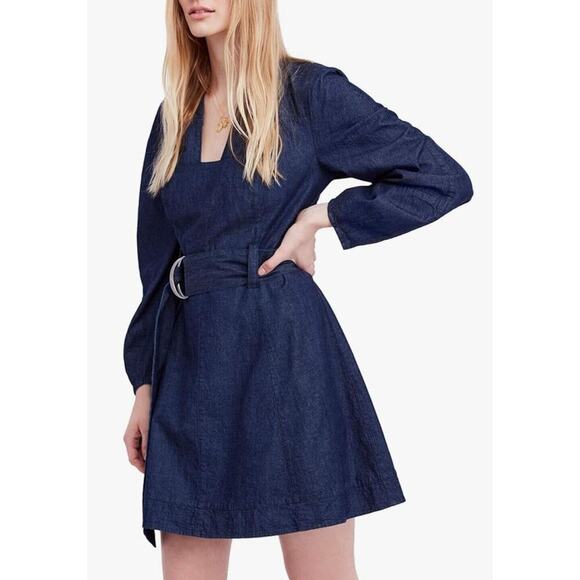 Free People Karmen Denim Above the Knee Casual Mini A Line Blue Dress M Cotton - Picture 2 of 11